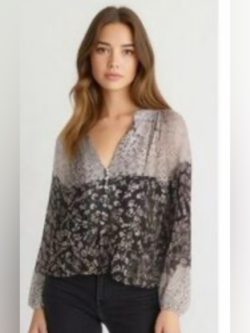 XL Joie Blouse Floral Black White Boho Peasant Top LS Flowy EUC